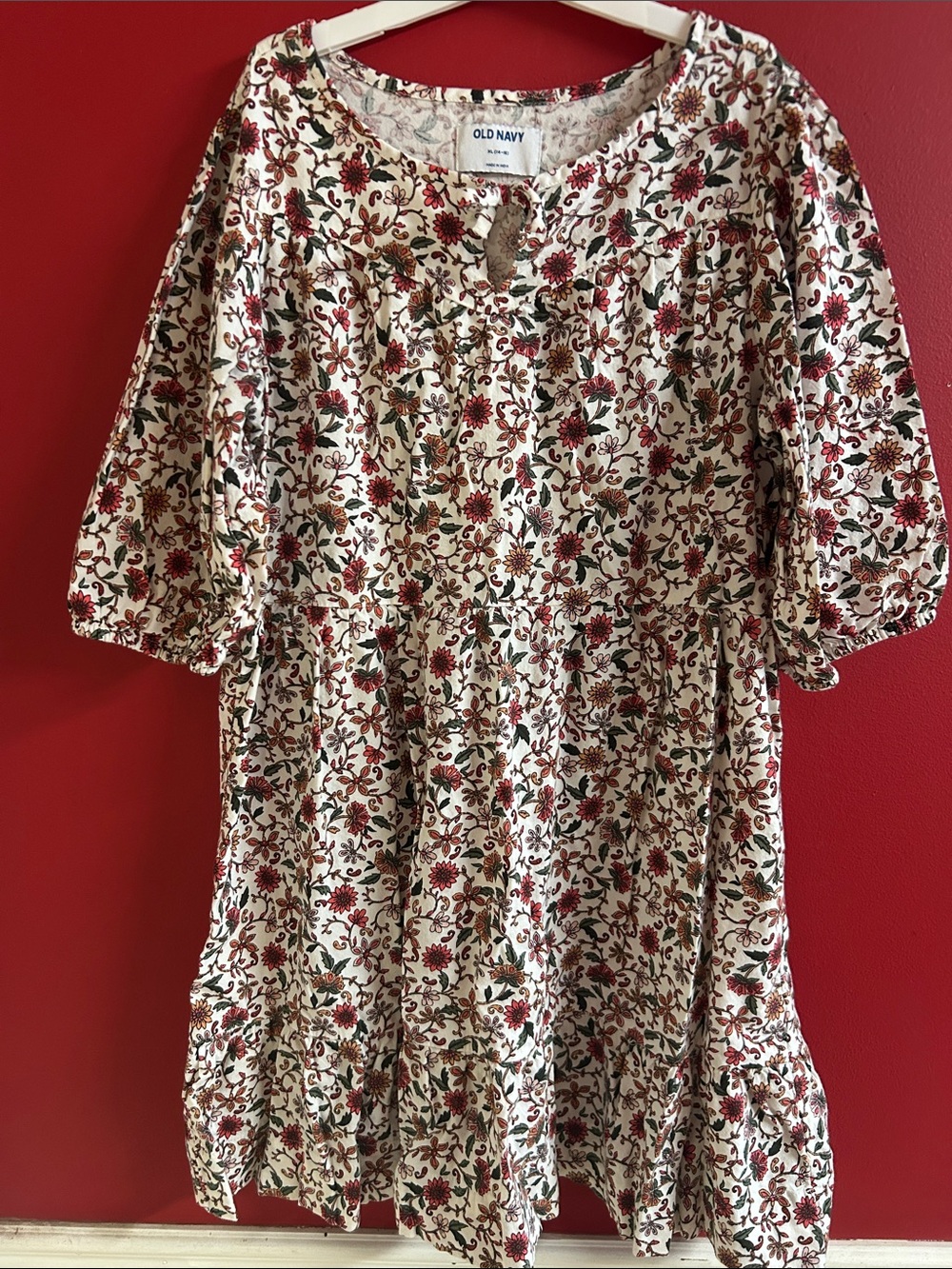 Old Navy Cream Dress with Red and Green Floral Print size 14-16